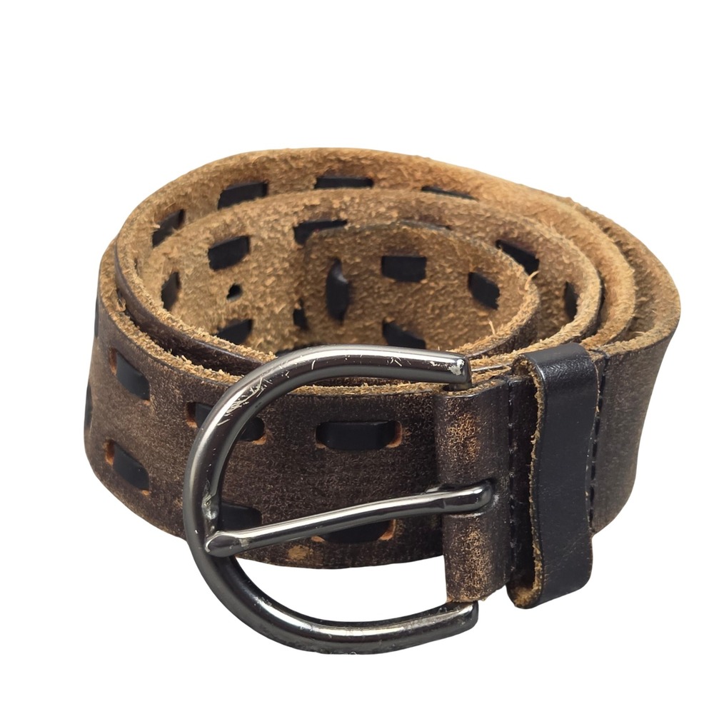 Y2K Mossimo Leather Belt Brown Double Woven Size 33 Distressed Boho Casual